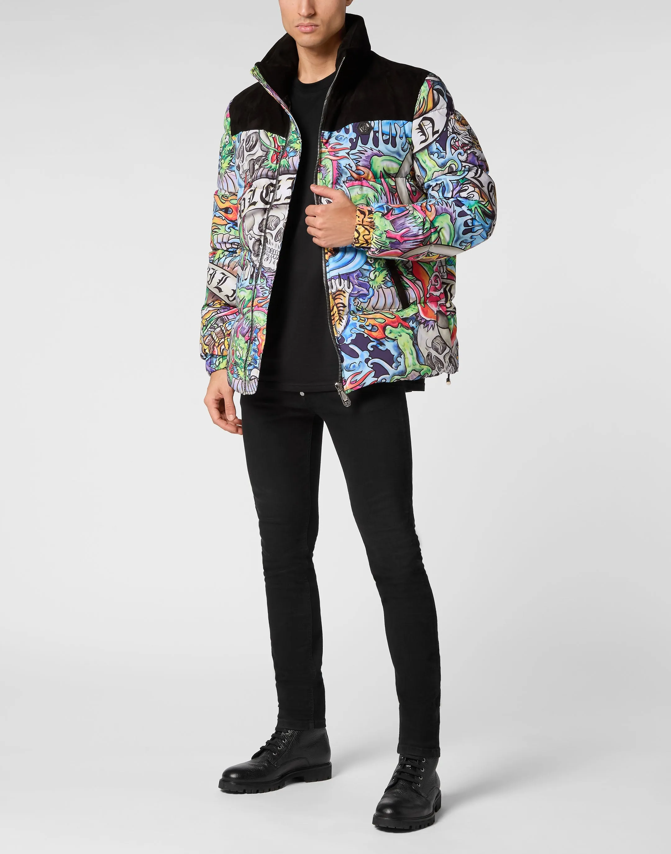 Nylon Puffer Jacket With Leather Inserts Tattoo