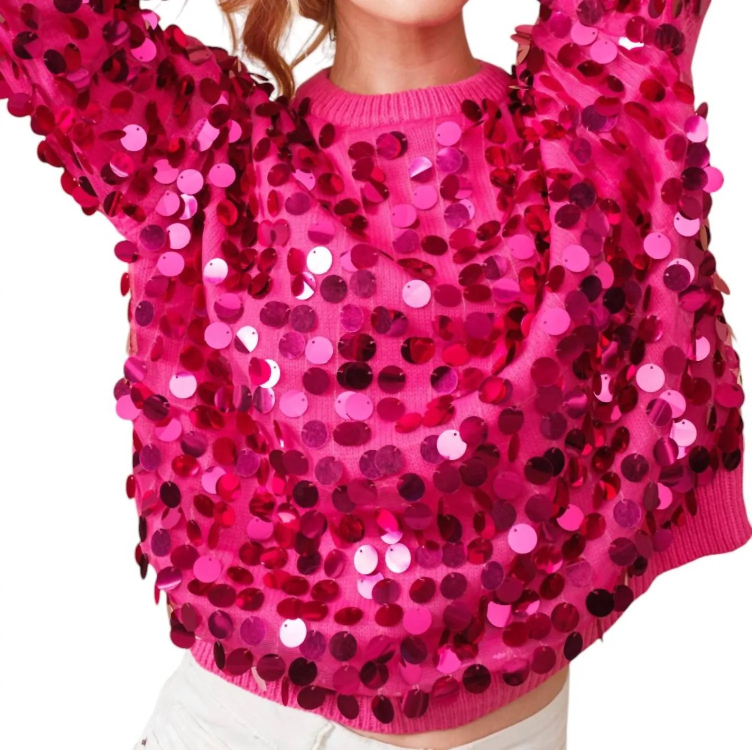 Payette Sequin Crew Neck Sweatshirt In Hot Pink