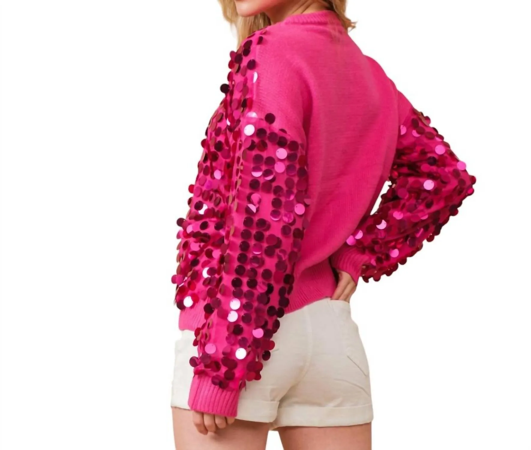 Payette Sequin Crew Neck Sweatshirt In Hot Pink
