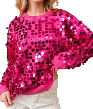Payette Sequin Crew Neck Sweatshirt In Hot Pink