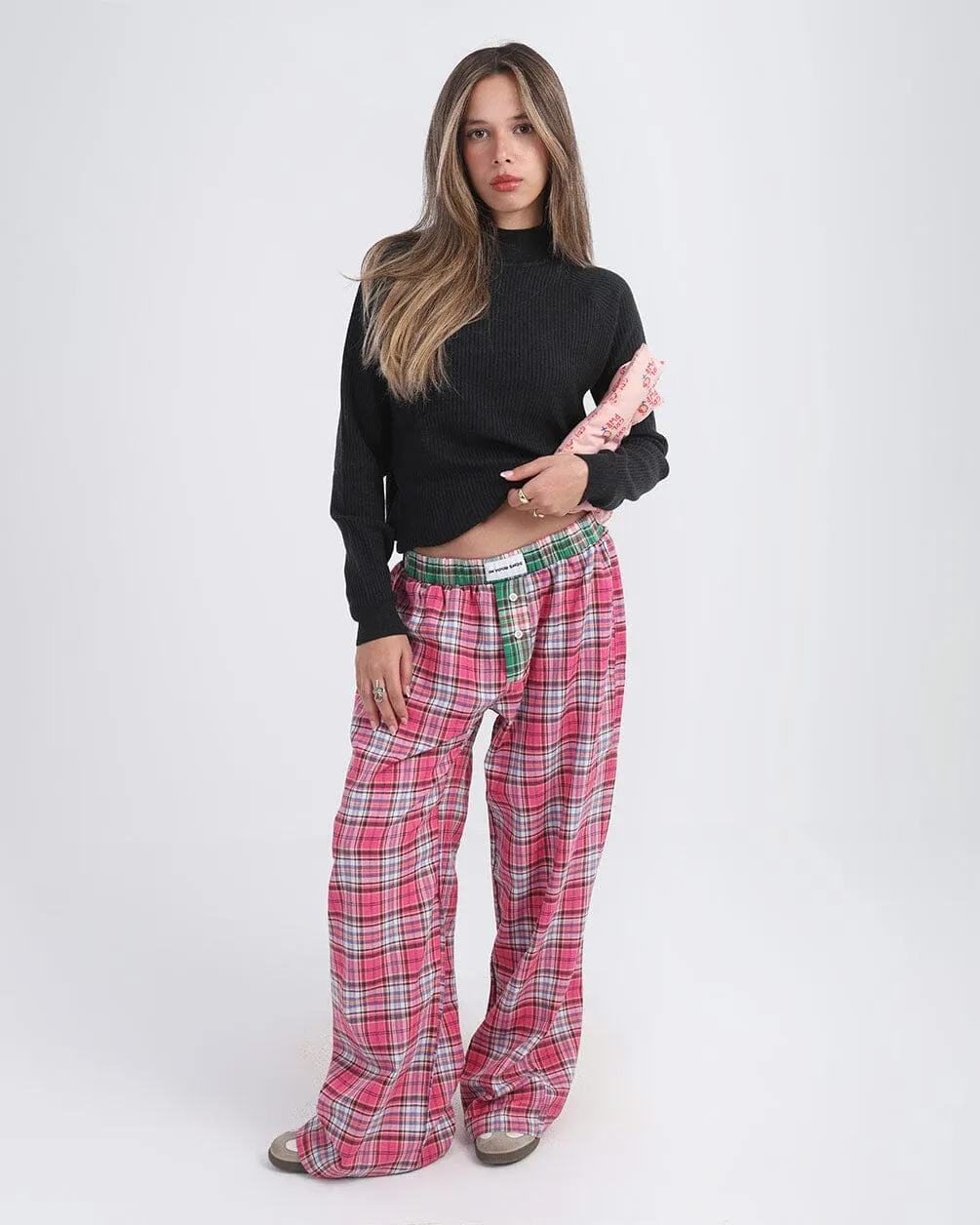 Pink Black Multicolor Plaid Boxer Pants