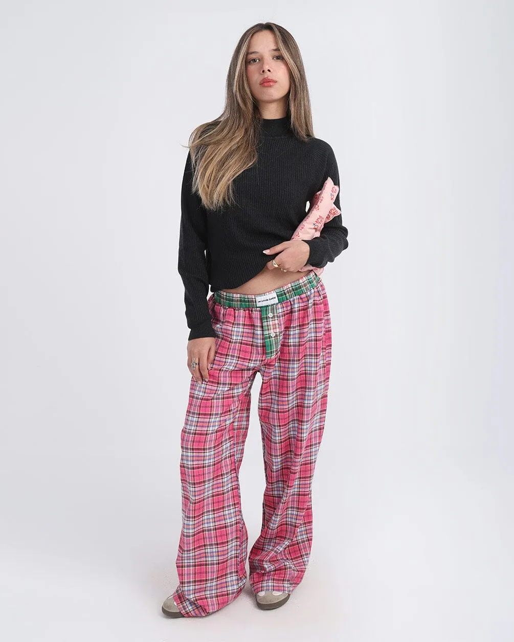 Pink Black Multicolor Plaid Boxer Pants