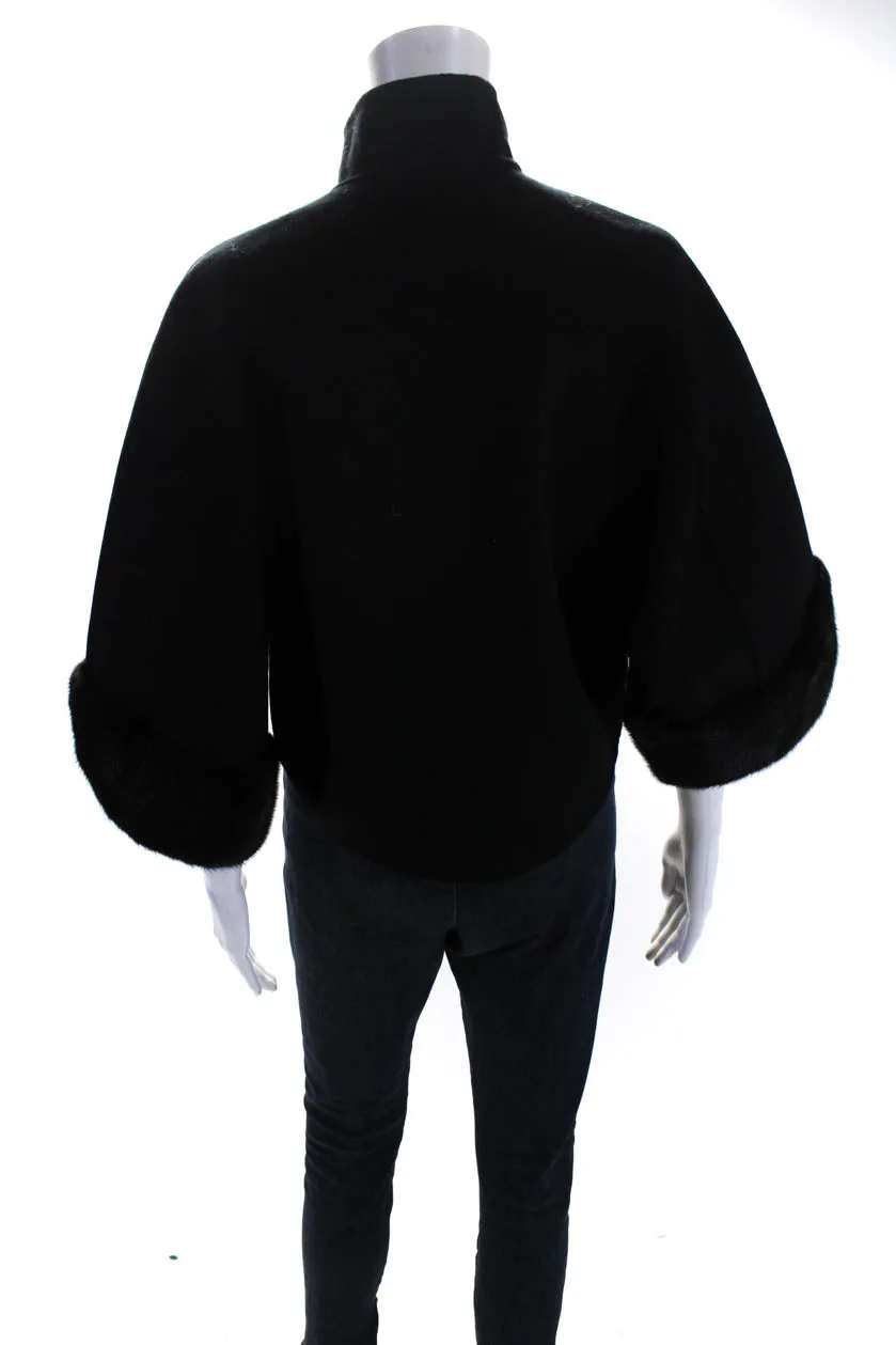 Pologeorgis Womens Mink Fur Trim Dolman Sleeve Maren Fleece Jacket Black