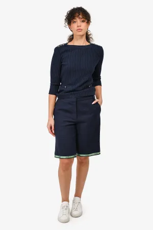 Pre-Loved Chanel™ 2019 Navy Blue Cotton Tweed Long Shorts with Green Ribbon Trim Size 42