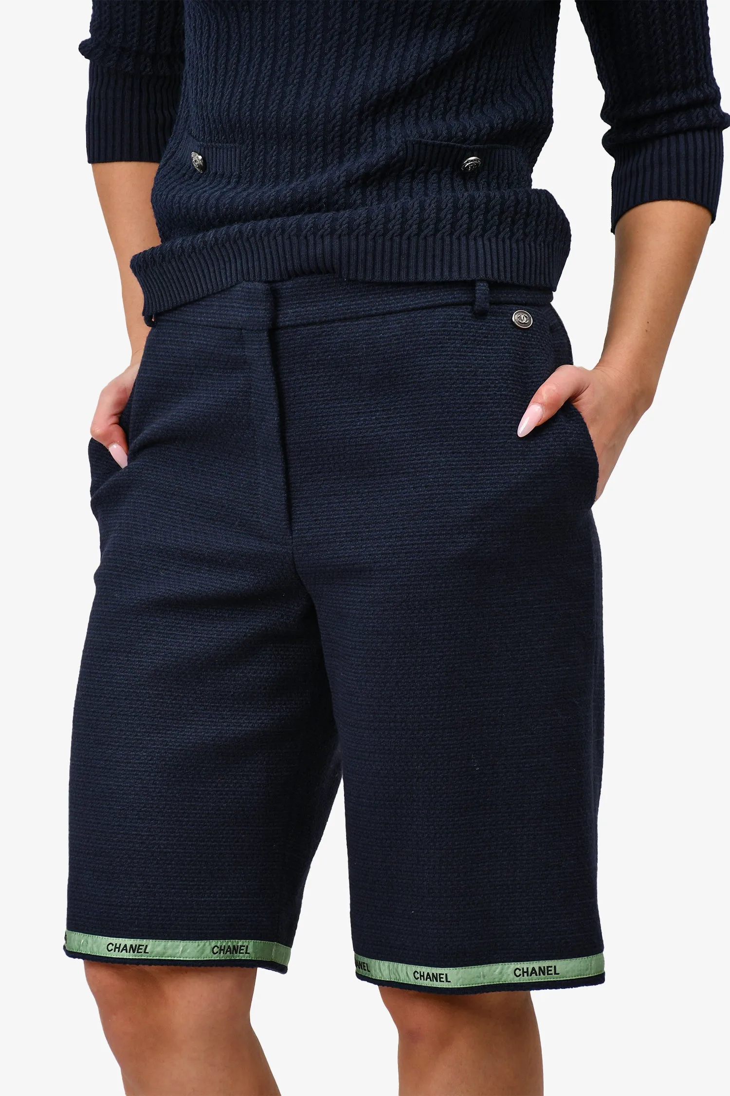 Pre-Loved Chanel™ 2019 Navy Blue Cotton Tweed Long Shorts with Green Ribbon Trim Size 42