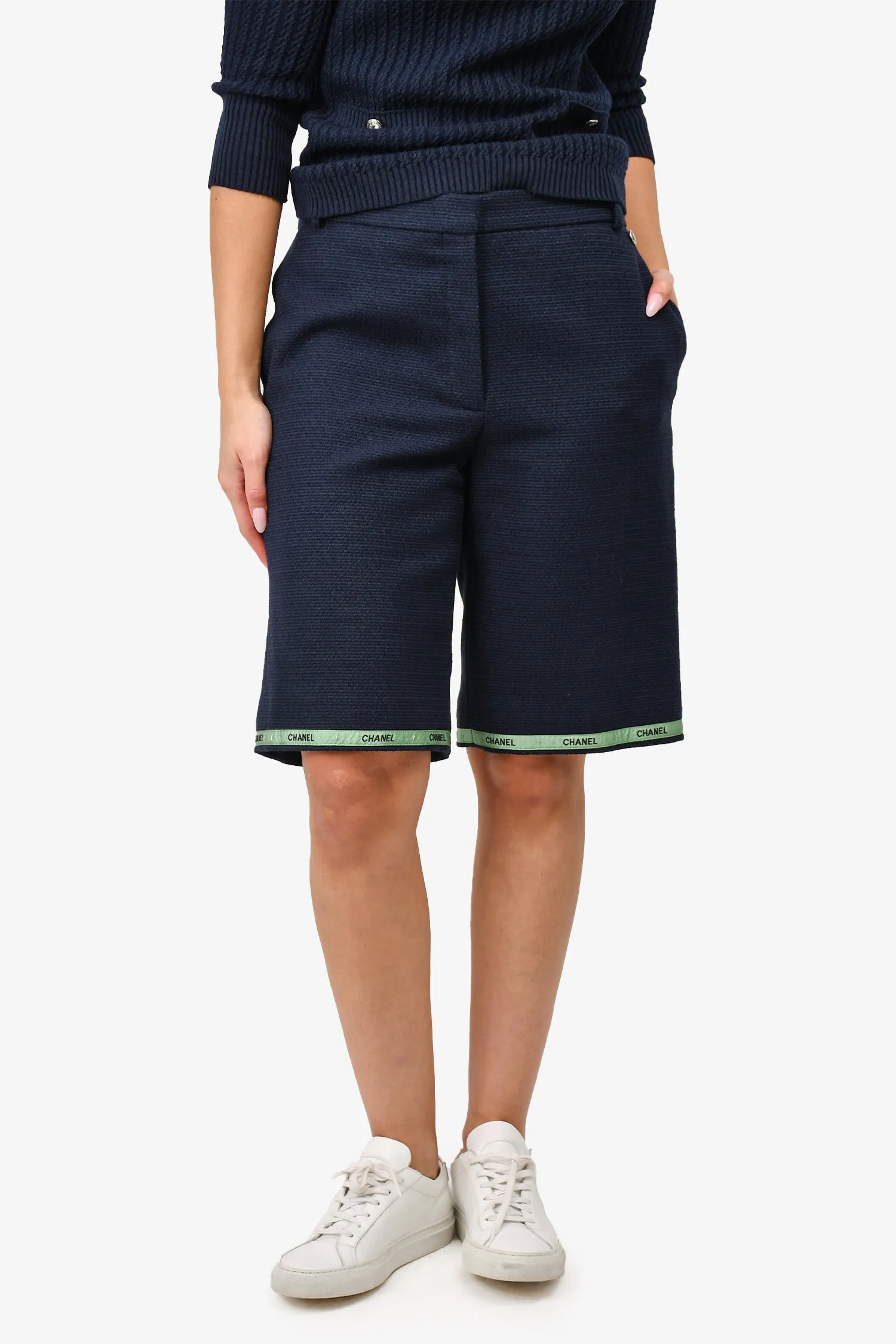 Pre-Loved Chanel™ 2019 Navy Blue Cotton Tweed Long Shorts with Green Ribbon Trim Size 42