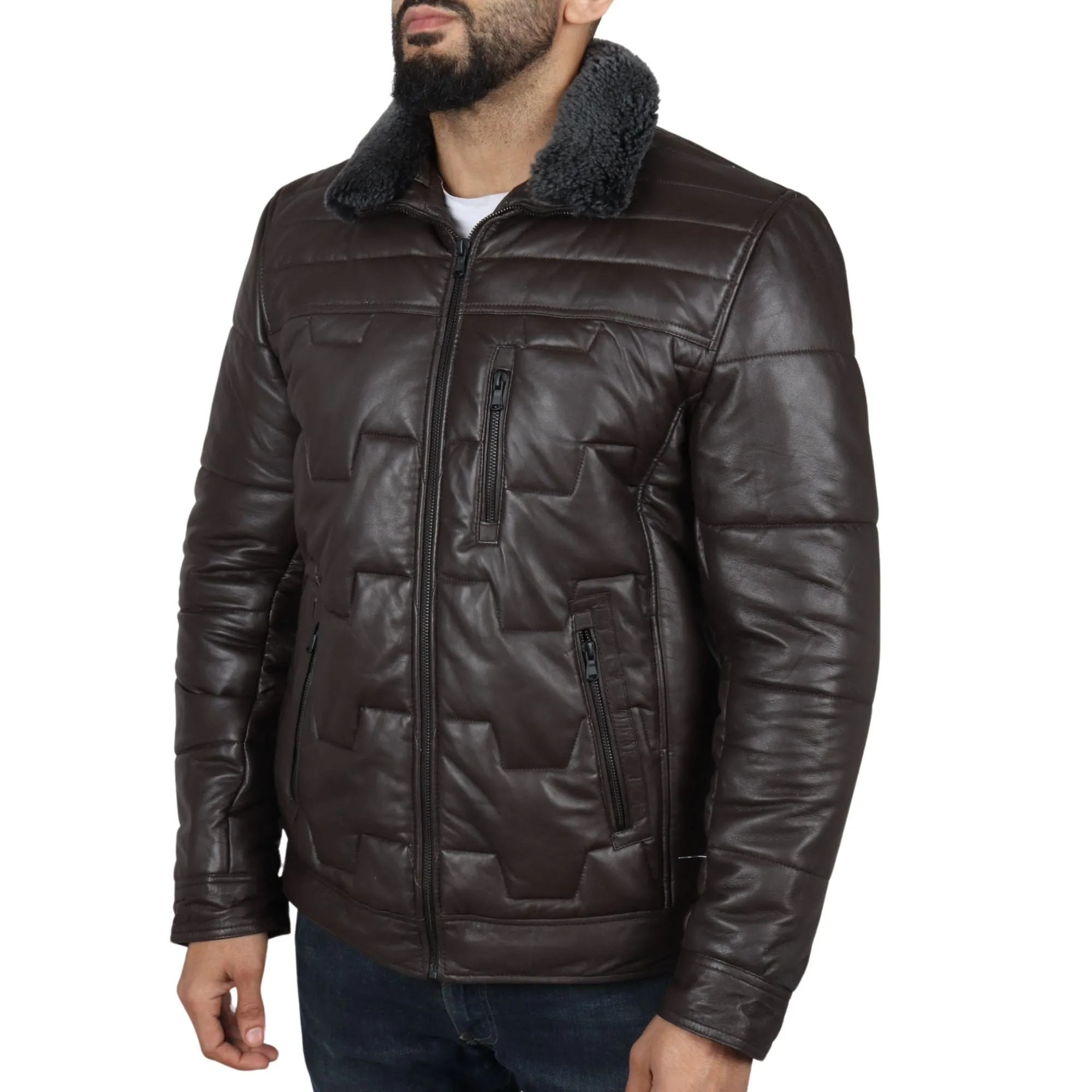 Quilted Padded Real Leather Safari Coat