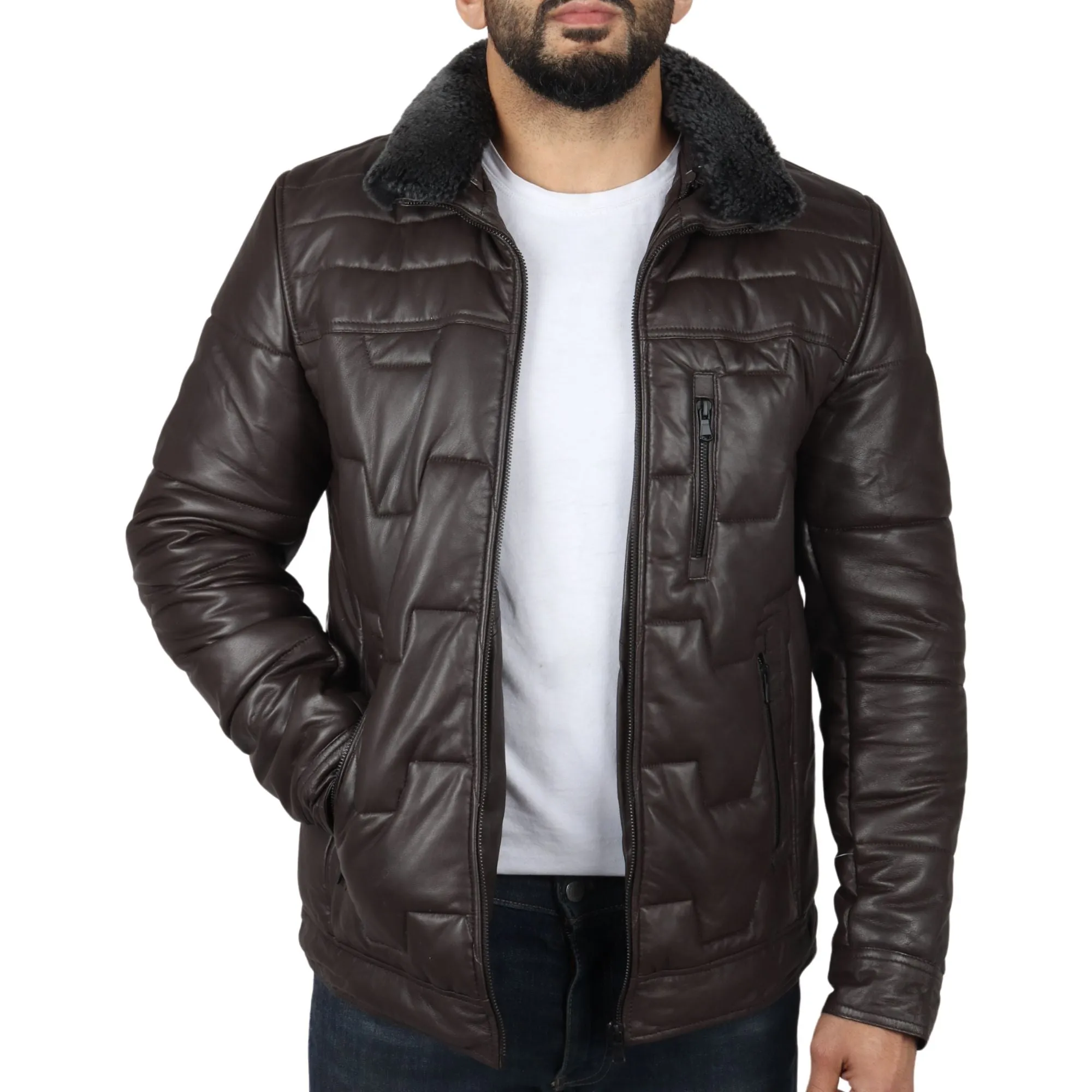 Quilted Padded Real Leather Safari Coat