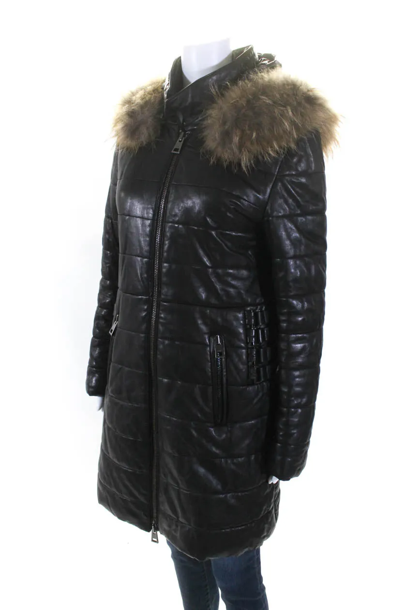 Rizal Womens Zip Up Leather Down Quilted Raccoon Fur Hooded Jacket Black Large