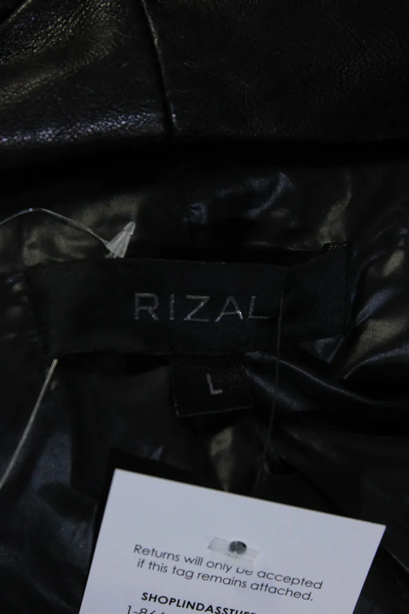 Rizal Womens Zip Up Leather Down Quilted Raccoon Fur Hooded Jacket Black Large