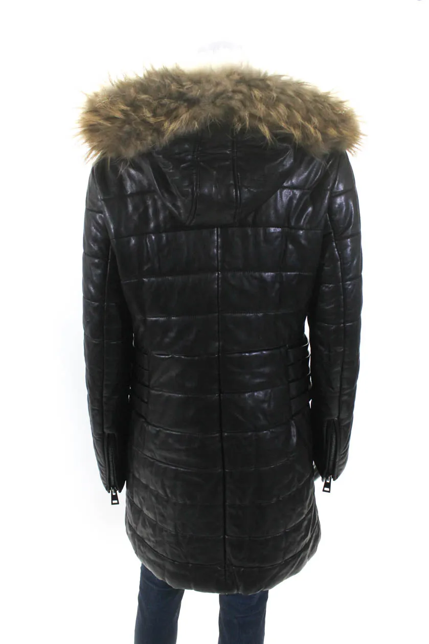 Rizal Womens Zip Up Leather Down Quilted Raccoon Fur Hooded Jacket Black Large