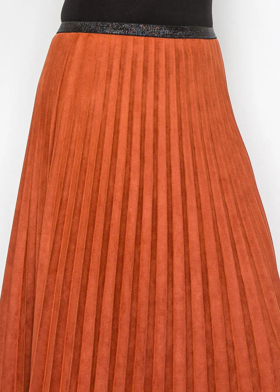 Rust Suede Midi Skirt with Pleats