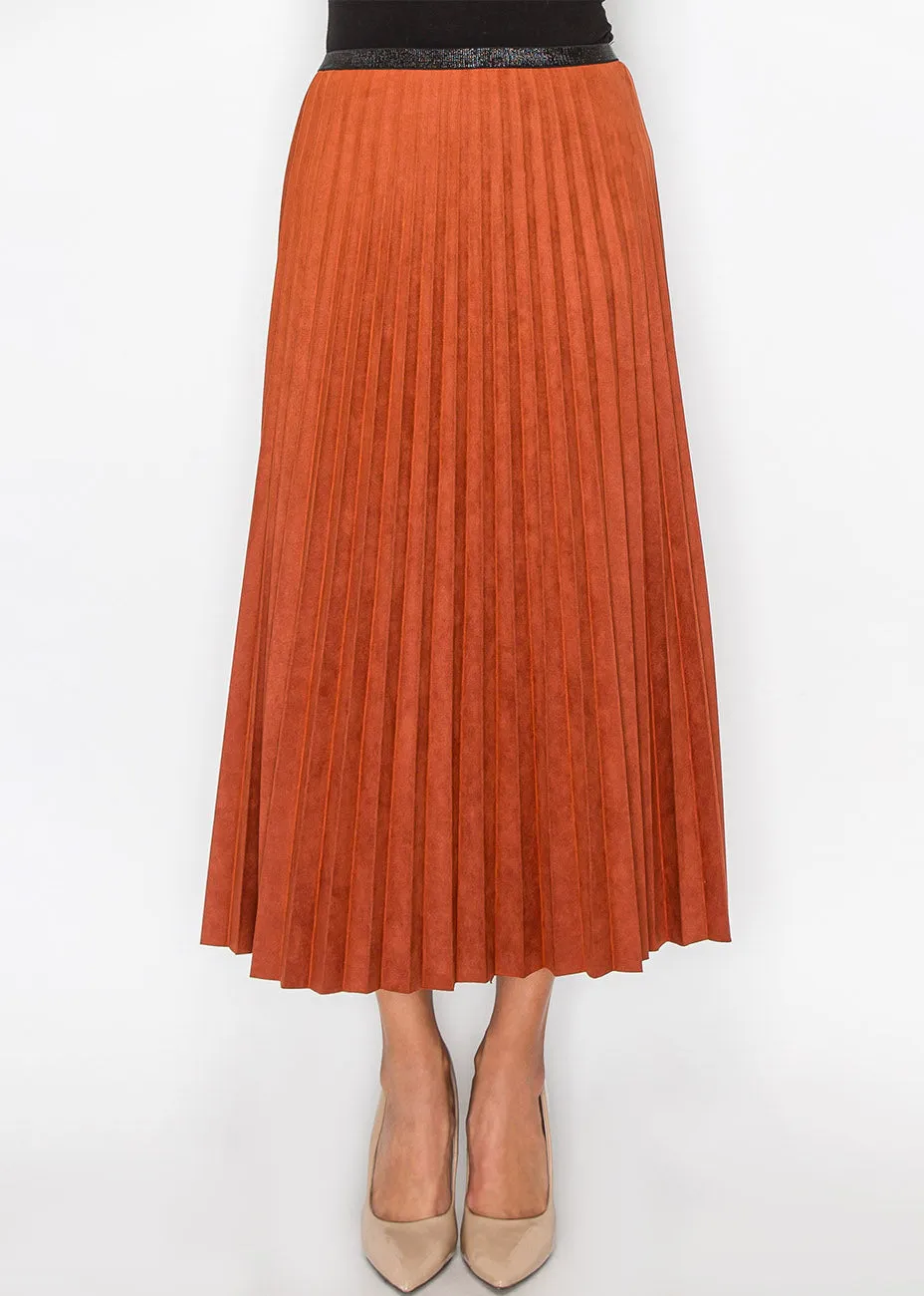 Rust Suede Midi Skirt with Pleats