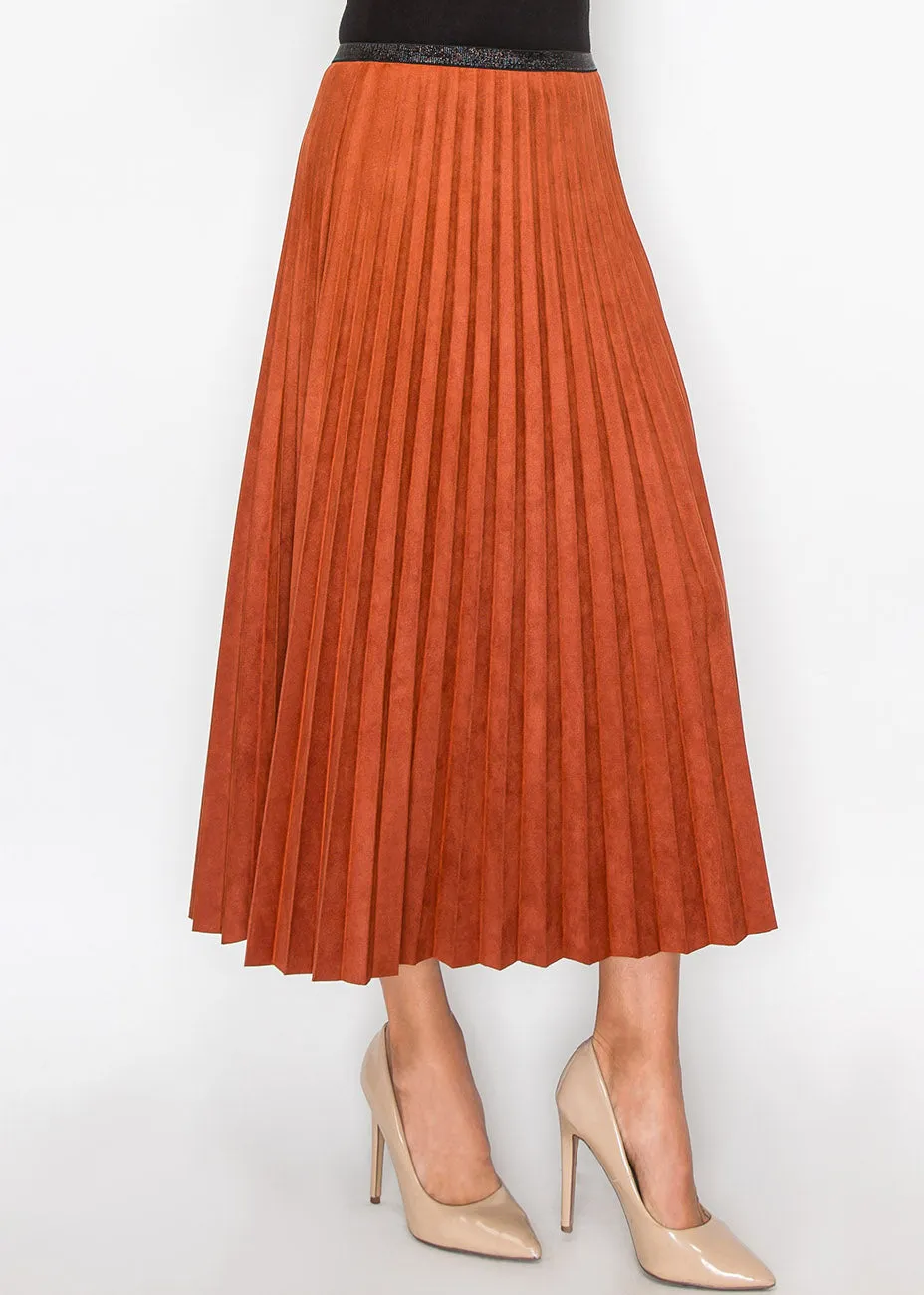Rust Suede Midi Skirt with Pleats