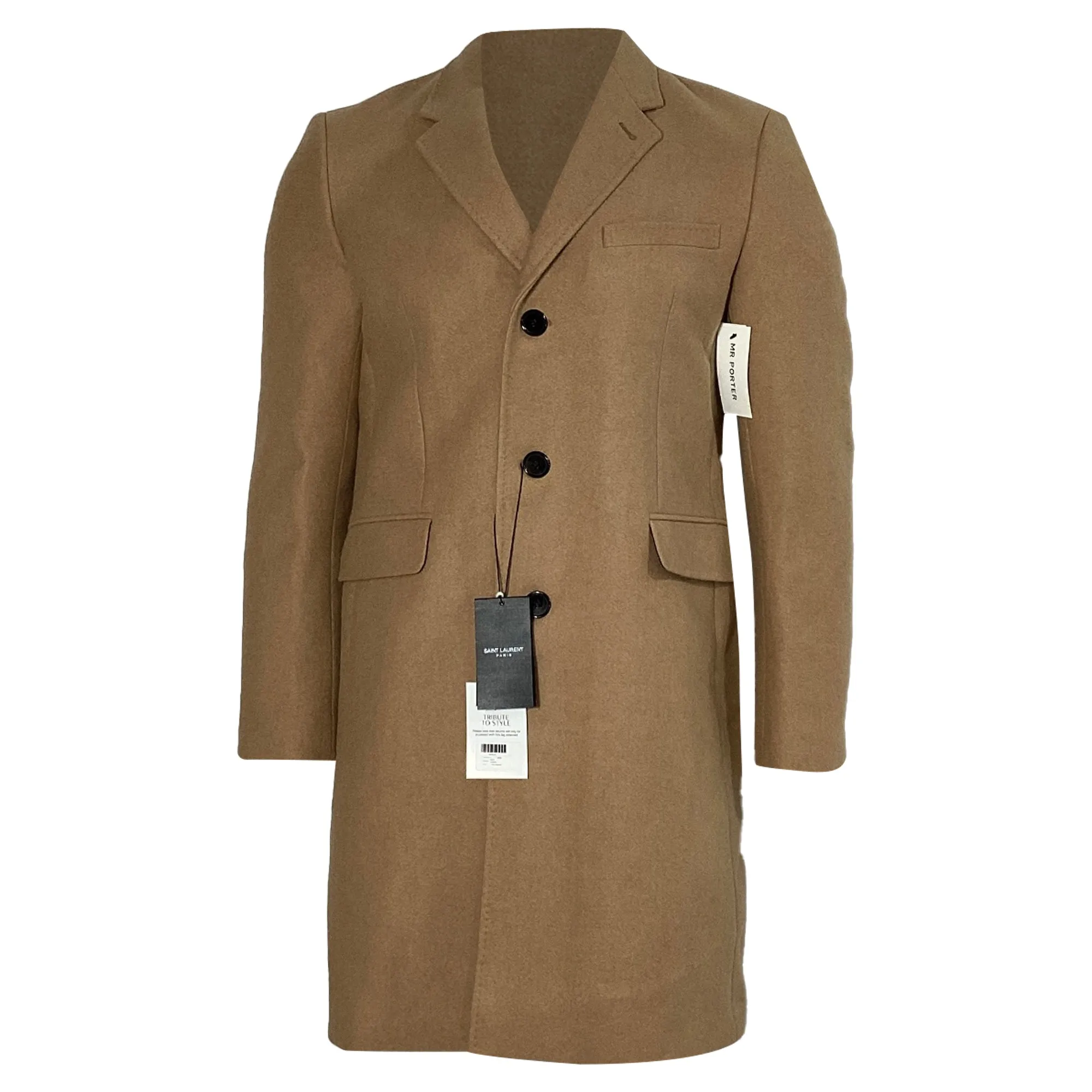 Saint Laurent Slim Fit Chesterfield Coat in Beige Wool