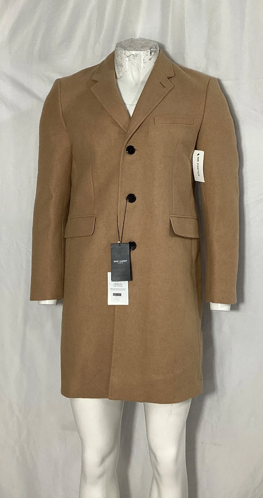 Saint Laurent Slim Fit Chesterfield Coat in Beige Wool