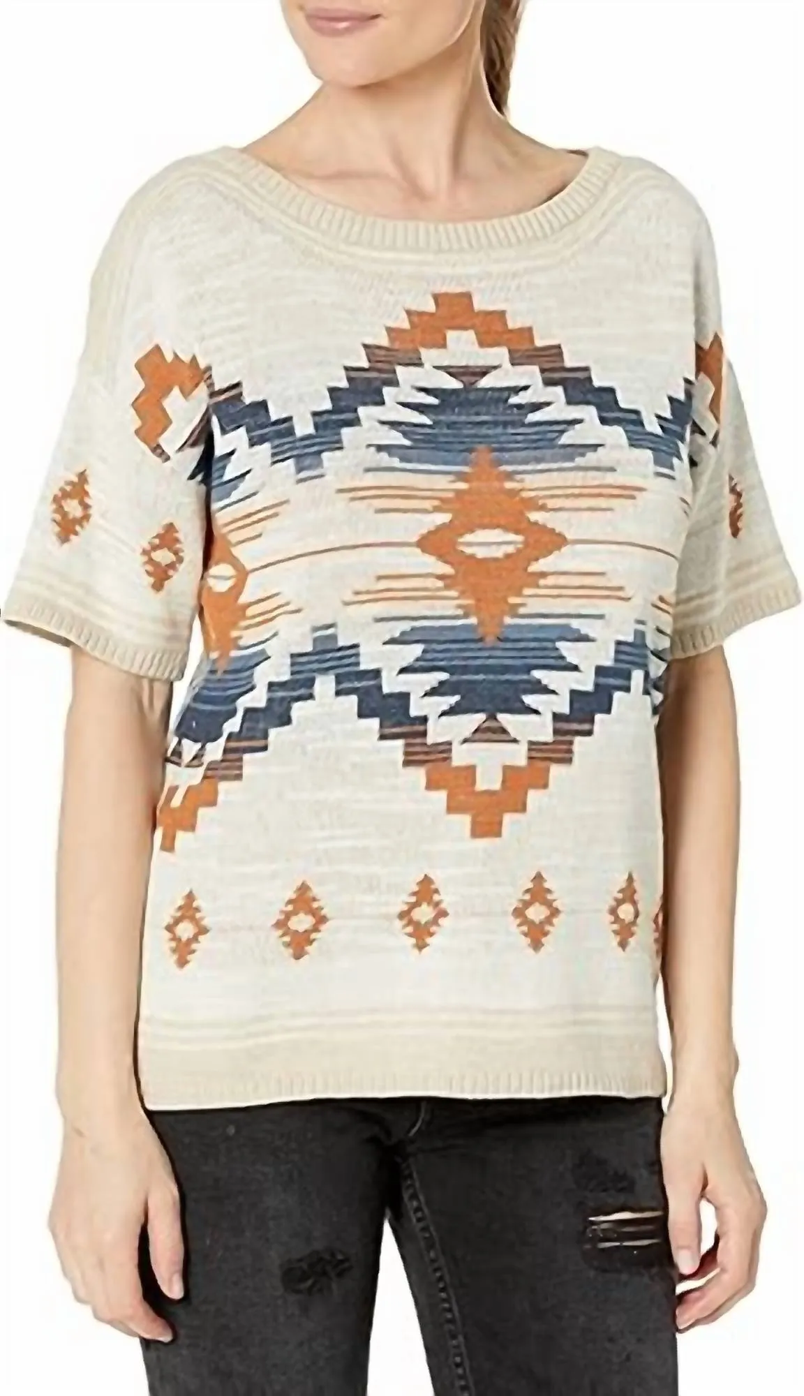 Short Sleeve Graphic Sweater In Linen Multi
