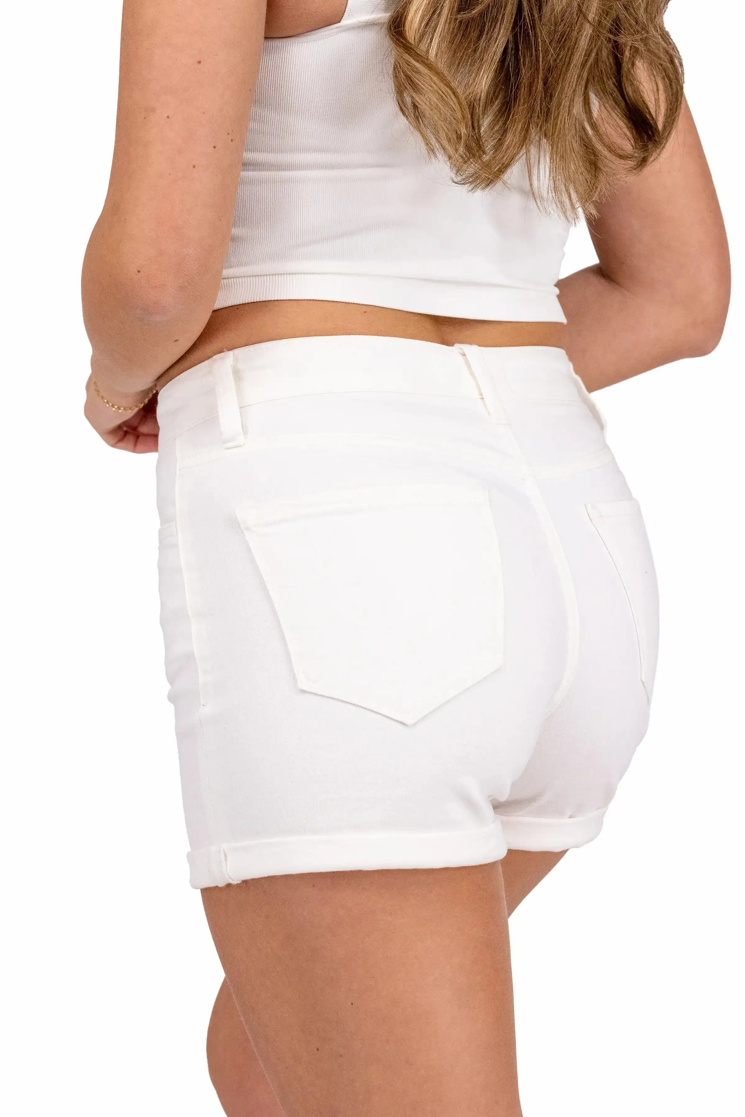 Sit Beside Me From Vervet Blue: High-Rise Double Cuff White Denim Shorts