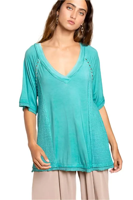 Studded Strappy Back Waffle Mixed Knit Top
