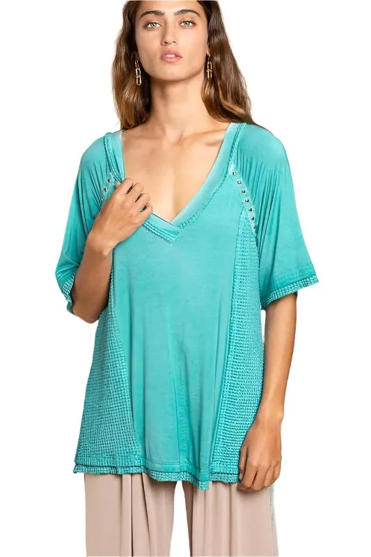 Studded Strappy Back Waffle Mixed Knit Top