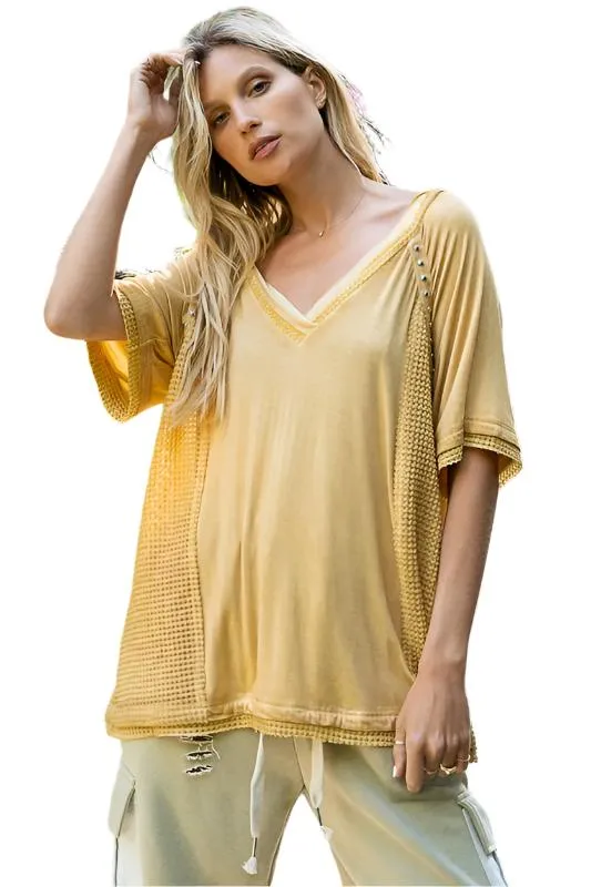 Studded Strappy Back Waffle Mixed Knit Top