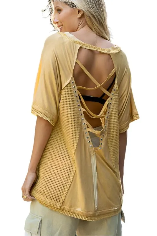 Studded Strappy Back Waffle Mixed Knit Top