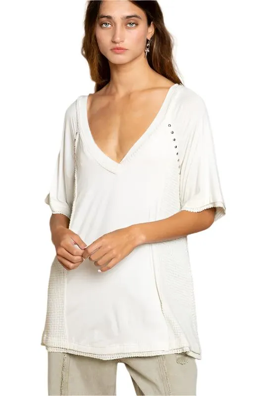 Studded Strappy Back Waffle Mixed Knit Top