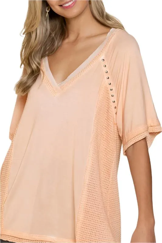 Studded Strappy Back Waffle Mixed Knit Top