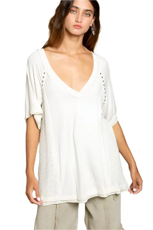 Studded Strappy Back Waffle Mixed Knit Top