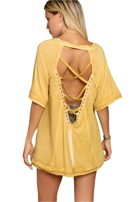 Studded Strappy Back Waffle Mixed Knit Top