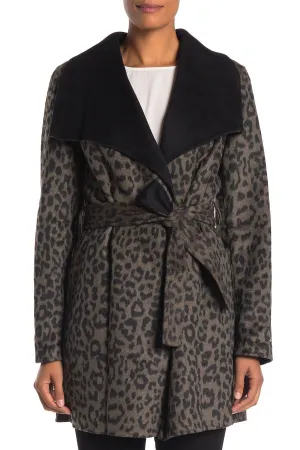 T Tahari Ella Leopard Double Faced Wool Wrap Belted Coat