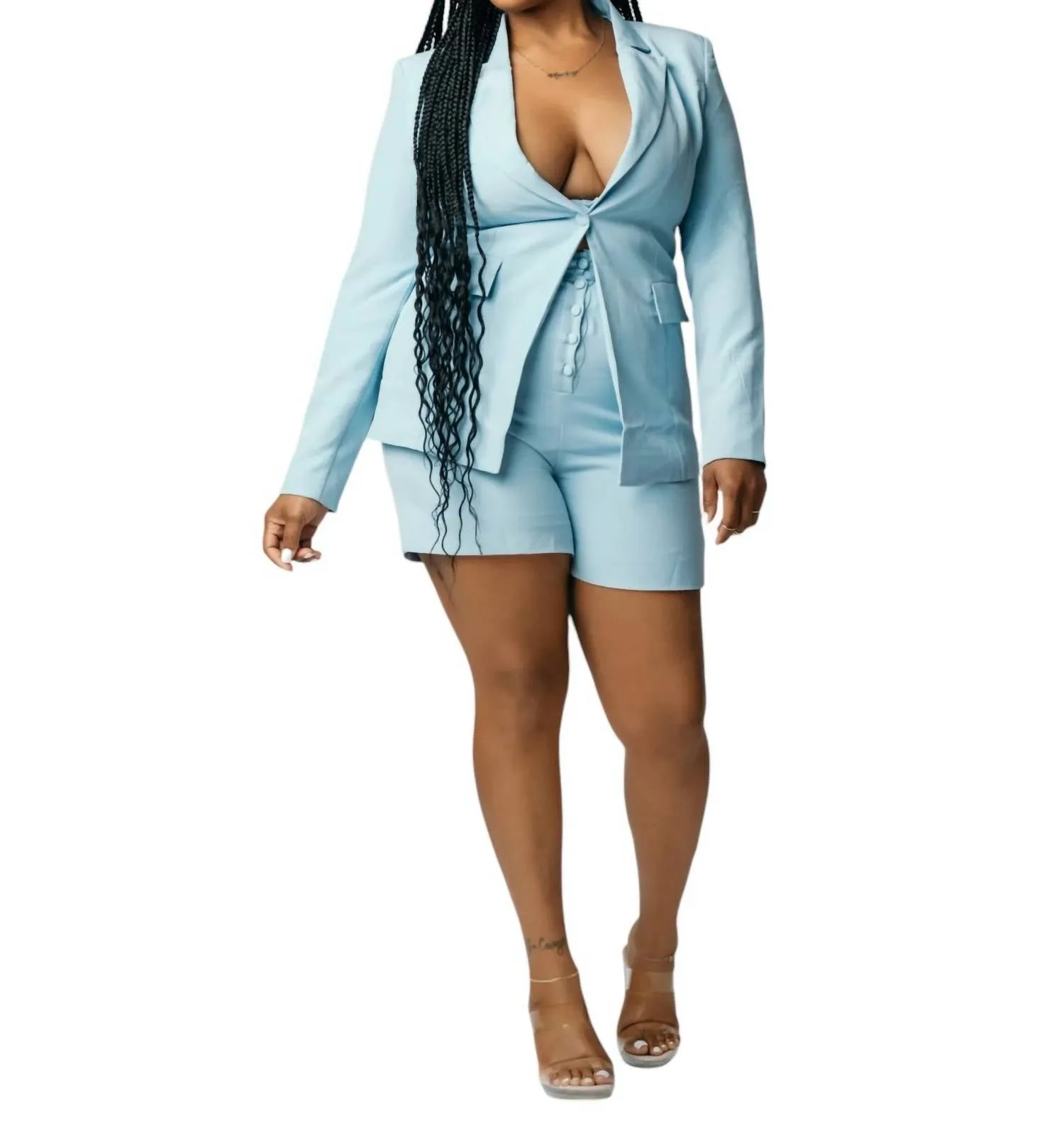 Three Piece Short Set In Powder Blue
