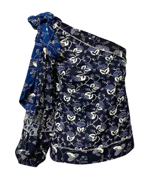 Ulla Johnson Asima Batik One Shoulder Blouse in Blue Cotton