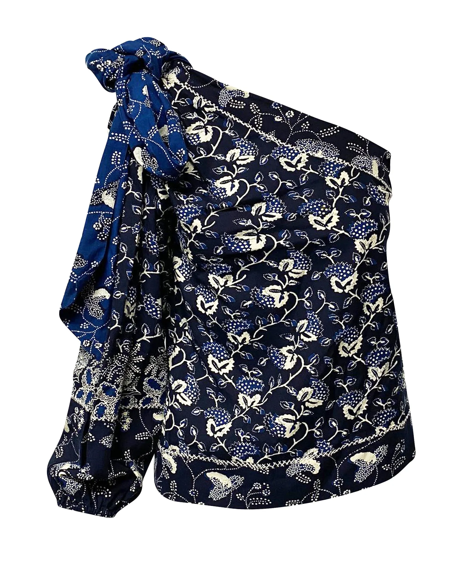 Ulla Johnson Asima Batik One Shoulder Blouse in Blue Cotton