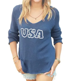 Usa V-Neck Cotton Sweater In Indigo/white