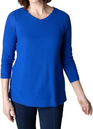 V-Neck Fleece Ruched Sleeve Top In Sapphire