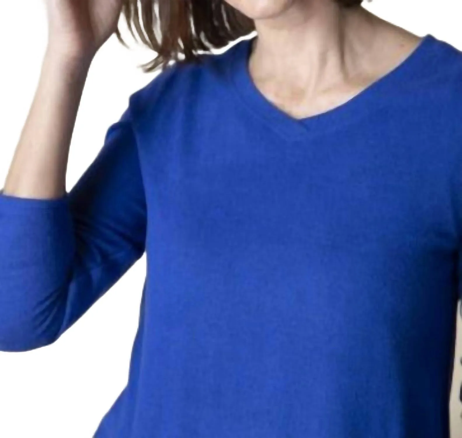 V-Neck Fleece Ruched Sleeve Top In Sapphire