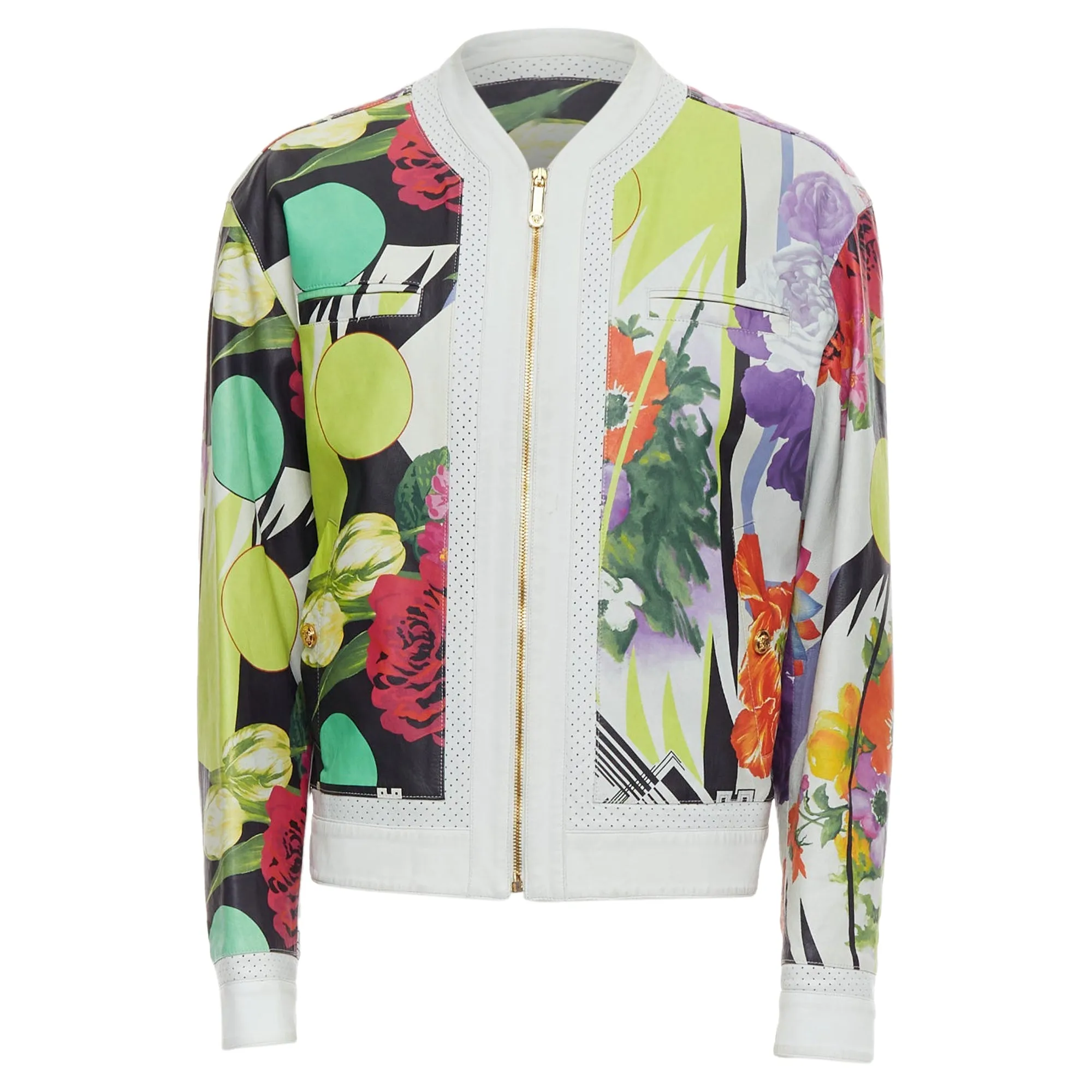 Versace Runway Leather Geometric Tropical Print Bomber