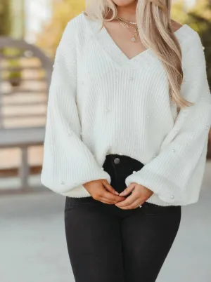 Vneck Pearl Sweater In Ivory