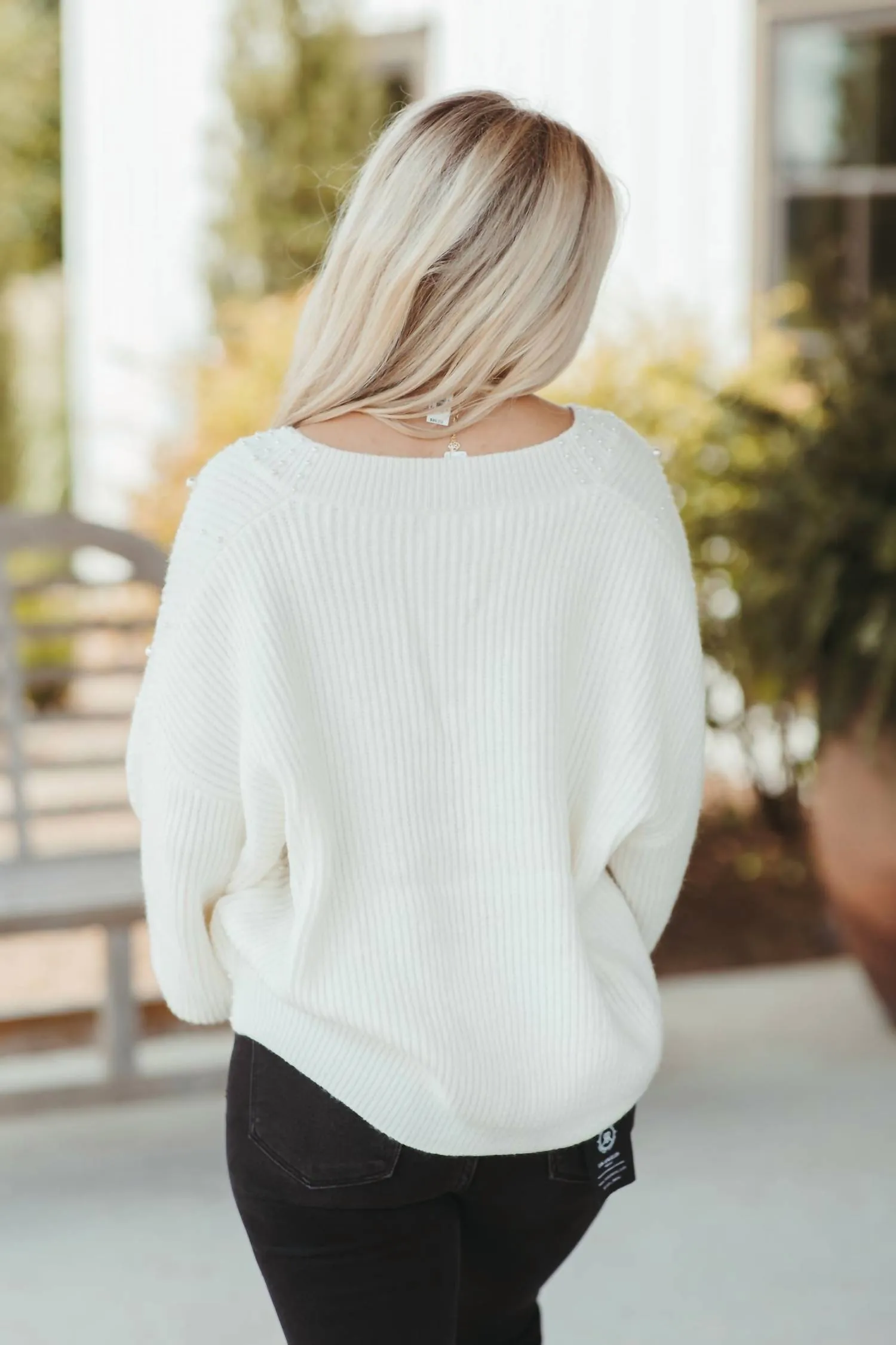Vneck Pearl Sweater In Ivory