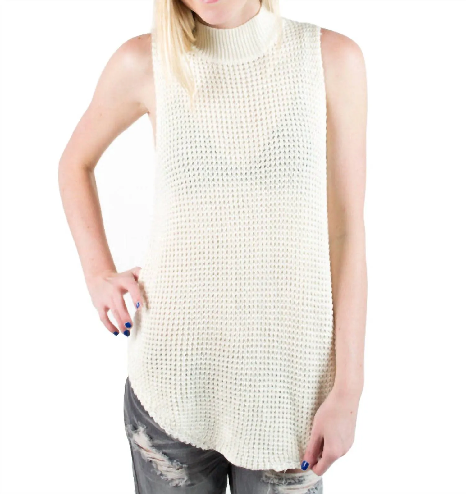 Women Bittersweet Chunky Wool Mock Neck Tunic Sweater Top In White
