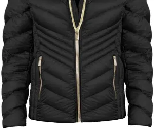 Women's Chevron Double Layer Zipper 3/4 Hooded Packable Coat In Black